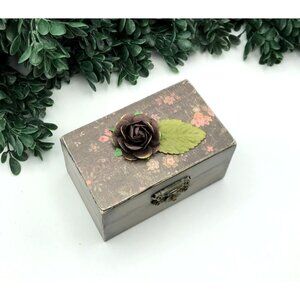 Decorative small Wooden Trinket Box With Decoupage Floral Rose design with brown